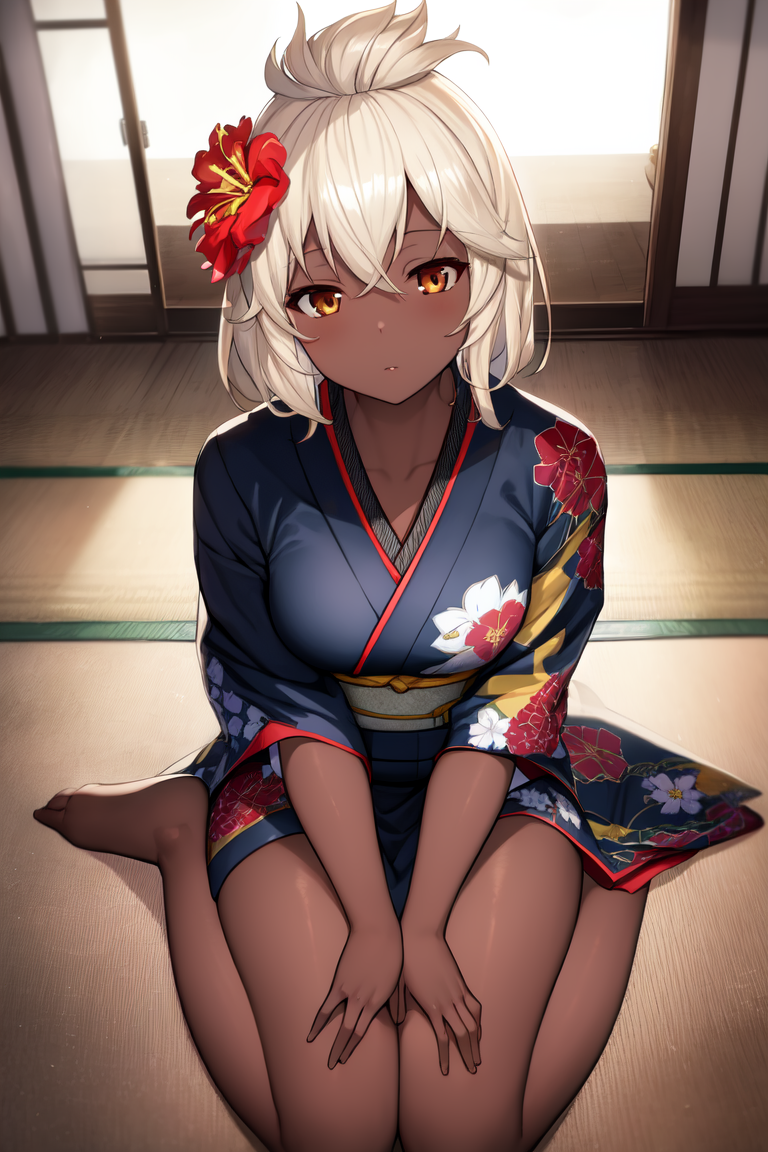 2492159-3257866691-masterpiece, best quality, absurdres, perfect anatomy, 1girl, solo, Zooey, dark skin, indoors, kimono, hair flower, floral print.png